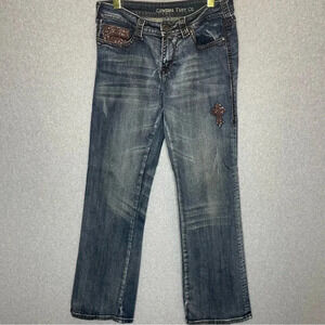 Cowgirl Tuff Cross Sequin Embellished Mid-Rise Straight Leg Jeans